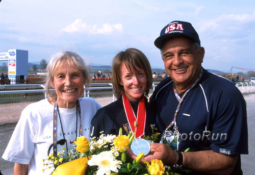 Coach Doris Brown-Heritage, Deena Drossin, Coach Joe Vigil, 2003  World XC, photo by PhotoRun.net.